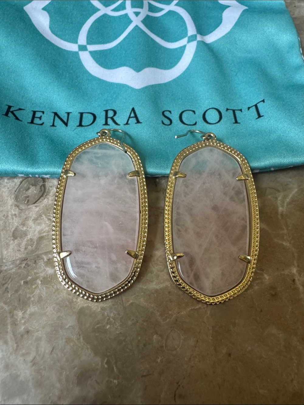 Large Kendra Scott Gold Frame Light Pink Stone Drop Earrings